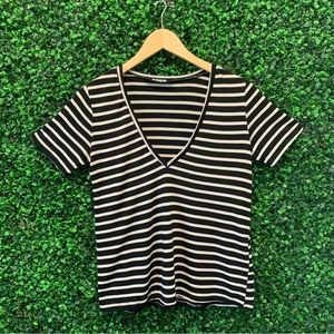 Reformation Medium Deep V-neck Black & White Striped Tshirt